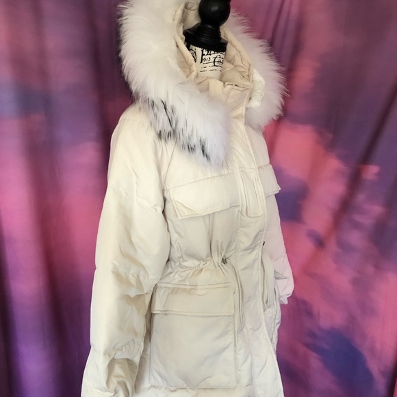 Coat down genuine fox fur hood pocket cream beige women - Picture 4 of 10